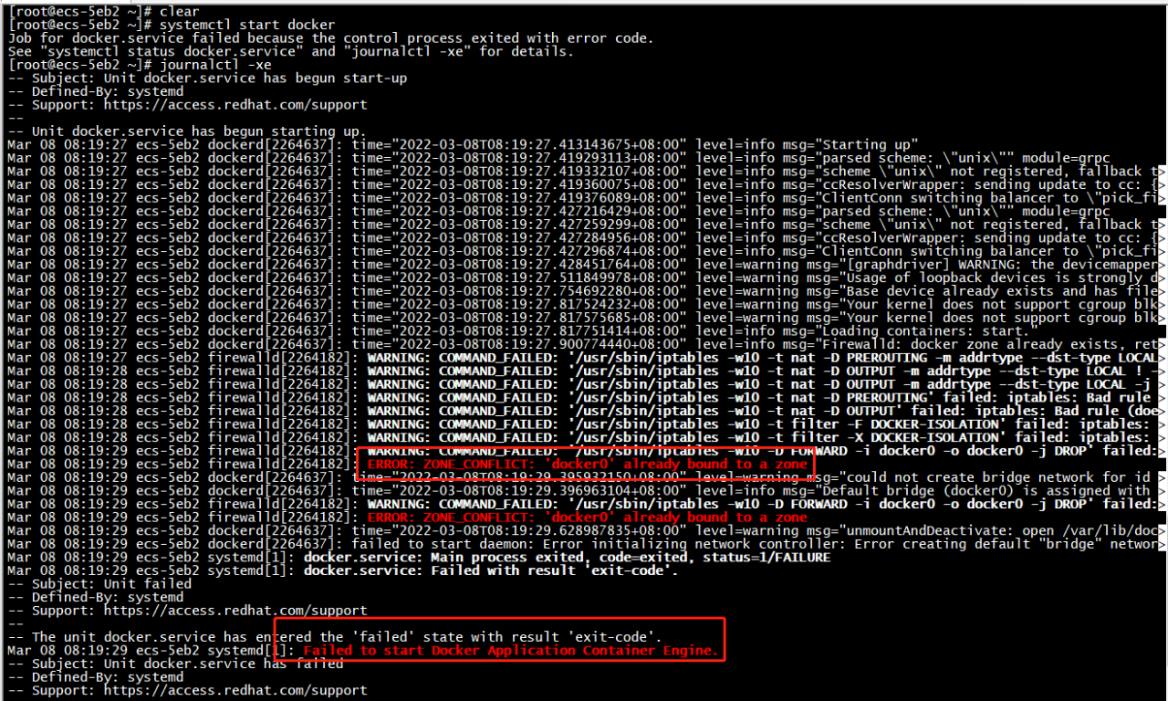 Docker-docke服务启动报错：Job for docker.service failed because the control process exited with error code.-陌上烟雨遥