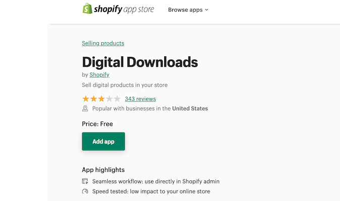 Shopify 应用商店数字下载的屏幕截图。